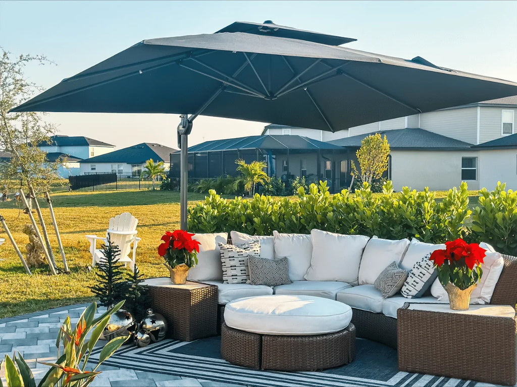 benefits of targeting people in california for patio umbrellas Umbrella 12-Year Protection 9-Ft Outdoor Umbrella, Sunbrella Fade-Resistant Acrylic Fabric, Auto Tilt and Crank, Heavy-Duty Aluminum Frame/Reinforced Ribs, Bronze Pole, Linen Sesame : Patio, Lawn & Garden offering UPF80+ UV protection Patio Umbrella at the Beach