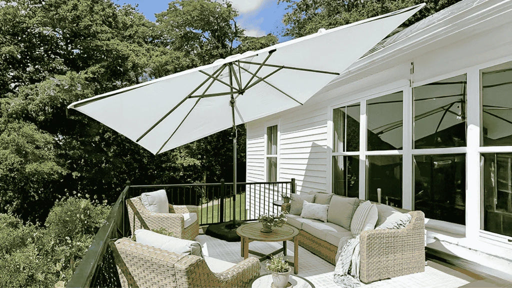 distinctly home patio umbrella PHI VILLA 15ft Large Outdoor with Base Included, Mint Green Made from high How to Get All-Day Shade