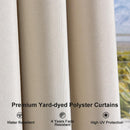 Durable champagne-colored polyester curtains for patio shade, UV and fade resistant.