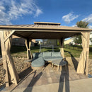 PURPLE LEAF Deck Gazebo Champagne Hardtop Metal Frame Double Roof with Curtains and Netting with Lights-clear