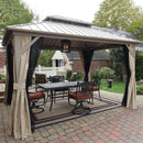 PURPLE LEAF Deck Gazebo Champagne Hardtop Metal Frame Double Roof with Curtains and Netting with Lights-clear