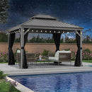 Light grey hardtop gazebo with string lights over a pool, outdoor patio furniture