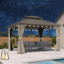 Champagne hardtop gazebo with lights and curtains, outdoor patio furniture, poolside, UV protection