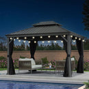 PURPLE LEAF Patio Gazebo for Pool Light Grey Hardtop Galvanized Steel Roof with String Lights-clear