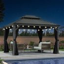 PURPLE LEAF hardtop gazebo with string lights, light grey roof and outdoor furniture, patio shade