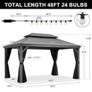 PURPLE LEAF Patio Gazebo for Pool Light Grey Hardtop Galvanized Steel Roof with String Lights-milky