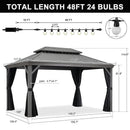 PURPLE LEAF Patio Gazebo for Pool Light Grey Hardtop Galvanized Steel Roof with String Lights-clear