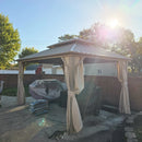 PURPLE LEAF Deck Gazebo Champagne Hardtop Metal Frame Double Roof with Curtains and Netting with Lights-clear