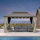 PURPLE LEAF Deck Gazebo Champagne Hardtop Metal Frame Double Roof with Curtains and Netting with Lights-milky