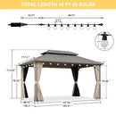 PURPLE LEAF Deck Gazebo Champagne Hardtop Metal Frame Double Roof with Curtains and Netting with Lights-clear