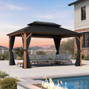 PURPLE LEAF Metal Gazebo Double Roof Wood Grain Aluminum Frame with Curtains and Netting