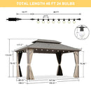PURPLE LEAF Deck Gazebo Champagne Hardtop Metal Frame Double Roof with Curtains and Netting with Lights-milky