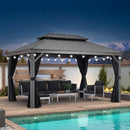 PURPLE LEAF Patio Gazebo for Pool Light Grey Hardtop Galvanized Steel Roof with String Lights-milky