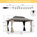 PURPLE LEAF Deck Gazebo Champagne Hardtop Metal Frame Double Roof with Curtains and Netting with Lights-clear