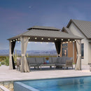 PURPLE LEAF Deck Gazebo Champagne Hardtop Metal Frame Double Roof with Curtains and Netting with Lights-clear