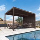 PURPLE LEAF Louvered Pergola with aluminum shutter wall, outdoor furniture, and swimming pool, patio shade solution