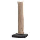 Beige Cantilever Umbrella Cover on Base. Water-repellent polyester fabric for patio umbrella protection.