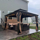 Bronze hardtop gazebo with string lights, outdoor dining set under the patio shade solution