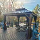 PURPLE LEAF Outdoor Hardtop Gazebo for Patio Bronze Aluminum Frame Pavilion with Navy-Blue Curtain