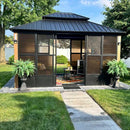 PURPLE LEAF Sunroom Hardtop Gazebo Solarium Wood Grain  Galvanized Steel Double Roof All-Weather Aluminum Outdoor Screen House