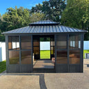 Gray Sunroom Hardtop Gazebo with sliding doors, perfect for outdoor patio shade solutions.