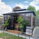 PURPLE LEAF Sunroom Hardtop Gazebo Solarium Wood Grain  Galvanized Steel Double Roof All-Weather Aluminum Outdoor Screen House with String Lights