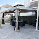 PURPLE LEAF Deck Gazebo Champagne Hardtop Metal Frame Double Roof with Curtains and Netting with Lights-clear