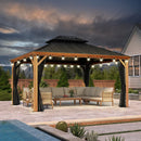 PURPLE LEAF Hardtop Gazebo for Patio Wood Grain Galvanized Steel Frame Awning with String Lights-clear