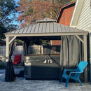 Light grey PURPLE LEAF hardtop gazebo with black curtains over a hot tub, outdoor patio furniture