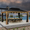 Wood grain hardtop gazebo with string lights over outdoor dining set, patio shade solution