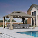 Champagne hardtop gazebo with curtains and lights, offering outdoor patio shade solution near a pool