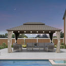 Champagne metal frame hardtop gazebo with curtains, outdoor furniture, and pool setting