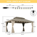PURPLE LEAF Deck Gazebo Champagne Hardtop Metal Frame Double Roof with Curtains and Netting with Lights-clear