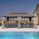 Champagne metal frame hardtop gazebo with curtains, outdoor furniture, and pool setting.