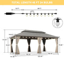PURPLE LEAF Deck Gazebo Champagne Hardtop Metal Frame Double Roof with Curtains and Netting with Lights-clear