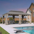 Champagne hardtop gazebo with curtains and lights by a pool, creating an outdoor living space