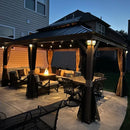 PURPLE LEAF Hardtop Gazebo for Patio Wood Grain Galvanized Steel Frame Awning with String Lights-milky