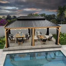 PURPLE LEAF Hardtop Gazebo for Patio Wood Grain Galvanized Steel Frame Awning with String Lights-clear