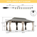 PURPLE LEAF Deck Gazebo Champagne Hardtop Metal Frame Double Roof with Curtains and Netting with Lights-milky