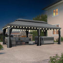 PURPLE LEAF hardtop gazebo with string lights at night, light grey roof, outdoor furniture, patio shade solution