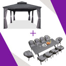 PURPLE LEAF Patio Gazebo with Aluminum Frame Grey Dining Sets-Bundle Set