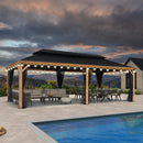 PURPLE LEAF hardtop gazebo with string lights over outdoor dining set, patio shade solution