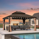 PURPLE LEAF Outdoor Hardtop Gazebo for Garden Bronze Double Roof Aluminum Frame Pavilion with String Lights-milky
