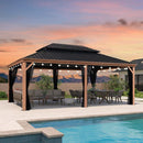 PURPLE LEAF Hardtop Gazebo for Patio Wood Grain Galvanized Steel Frame Awning with String Lights-milky