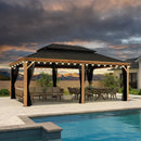 Wood grain hardtop gazebo with string lights, outdoor dining set, patio shade solution