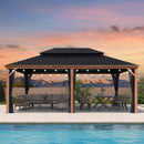 PURPLE LEAF Hardtop Gazebo for Patio Wood Grain Galvanized Steel Frame Awning with String Lights-milky