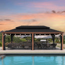 PURPLE LEAF Hardtop Gazebo for Patio Wood Grain Galvanized Steel Frame Awning with String Lights-milky