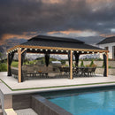 PURPLE LEAF Hardtop Gazebo for Patio Wood Grain Galvanized Steel Frame Awning with String Lights-clear