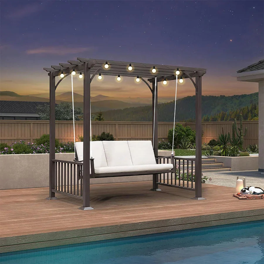 PURPLE LEAF 3-Seat Outdoor Metal Metal Pergola Swing Bed with