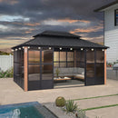 PURPLE LEAF Sunroom Hardtop Gazebo Solarium Wood Grain  Galvanized Steel Double Roof All-Weather Aluminum Outdoor Screen House with String Lights
